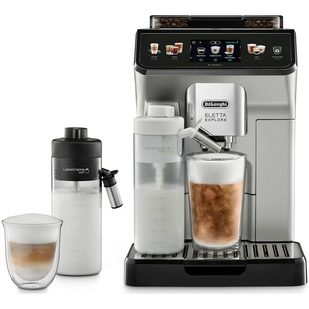De'Longhi Eletta Explore ECAM450.65.S LatteCrema Silber Mit Cold Brew Funktion Integriertes Milchschaumsystem